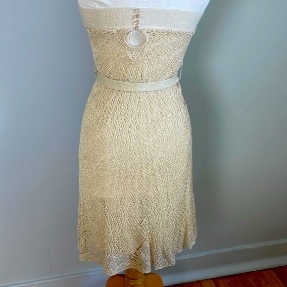NWOT  bebe Metallic Gold Mini Crochet-Knit Halter A-Line Belted Dress, Size M - Picture 9 of 16